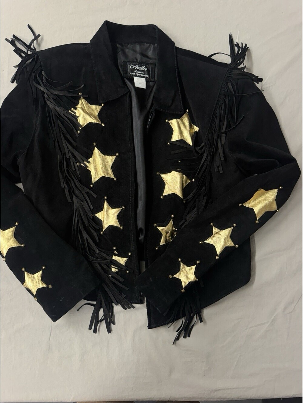 Arella Leather & Sportswear Jacket Black W/ Stars Fringe Size L Western VTG USA